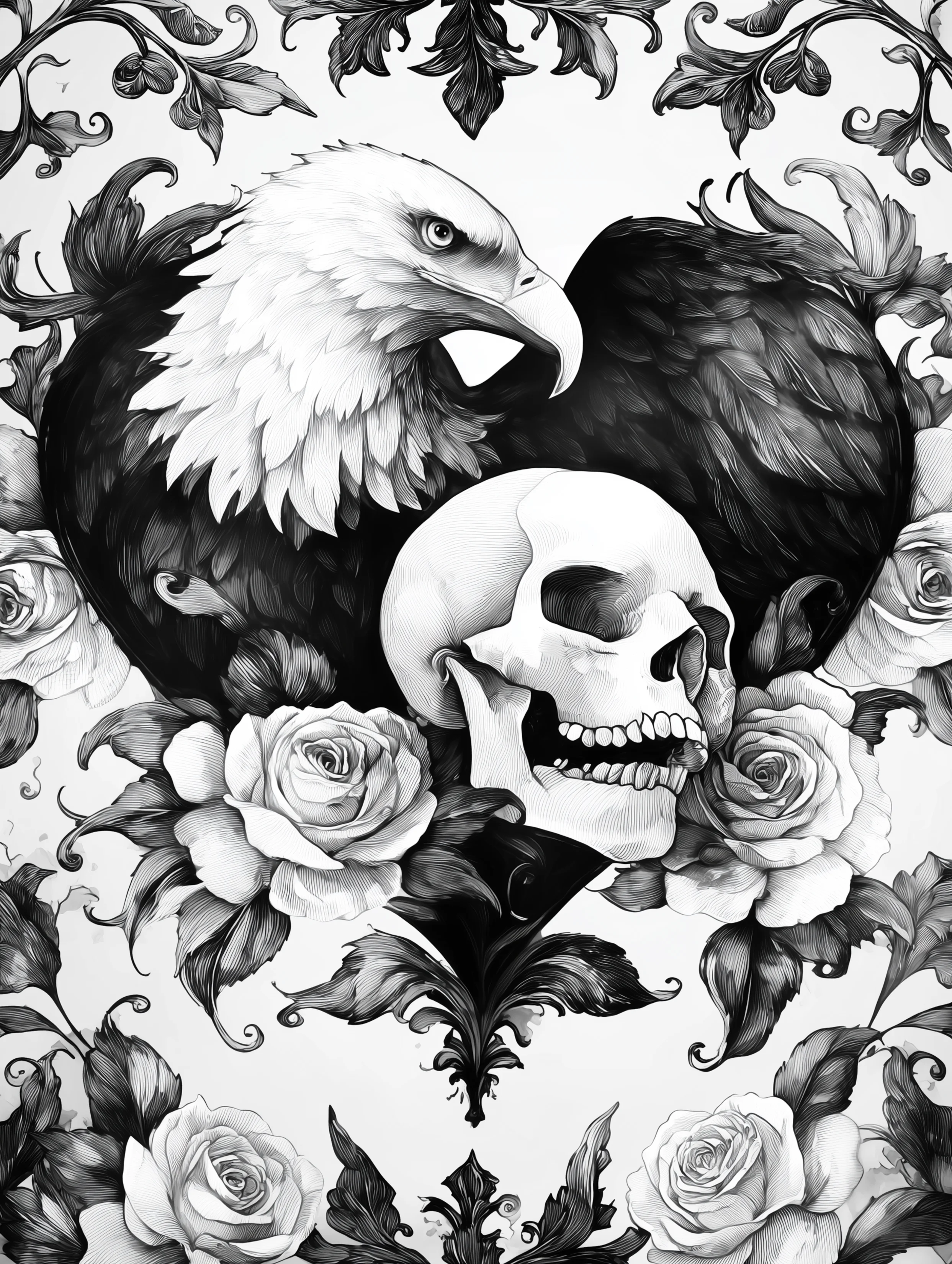 Free printable eagle coloring page for adults featuring a beautiful eagle with a floral skull